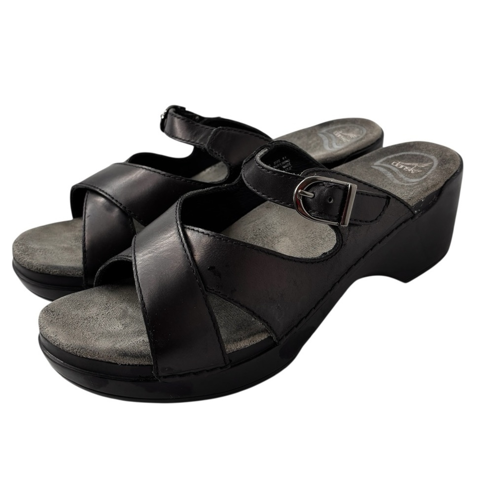 Dansko Black Leather Crossover Buckle Slide Sandals